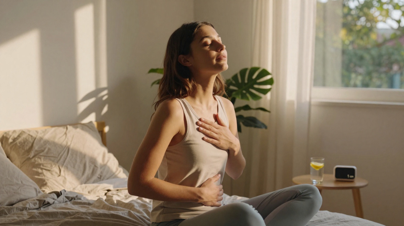 Mulher respirando profundamente sentada na cama, iluminada pela luz natural da manhã.