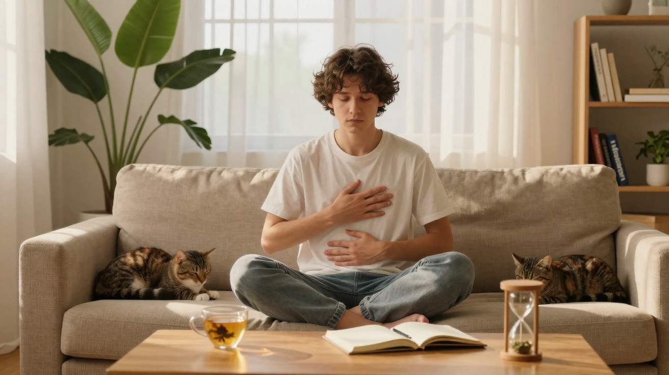 Jovem meditando sentado no sofá entre dois gatos, com livro, ampulheta e chá à frente, em ambiente iluminado.