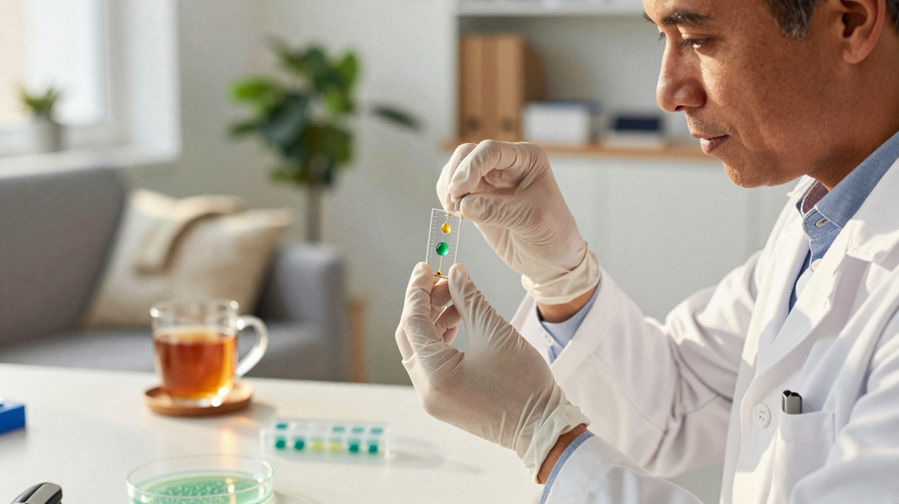 Cientista com jaleco e luvas analisa lâmina com amostras coloridas em laboratório.
