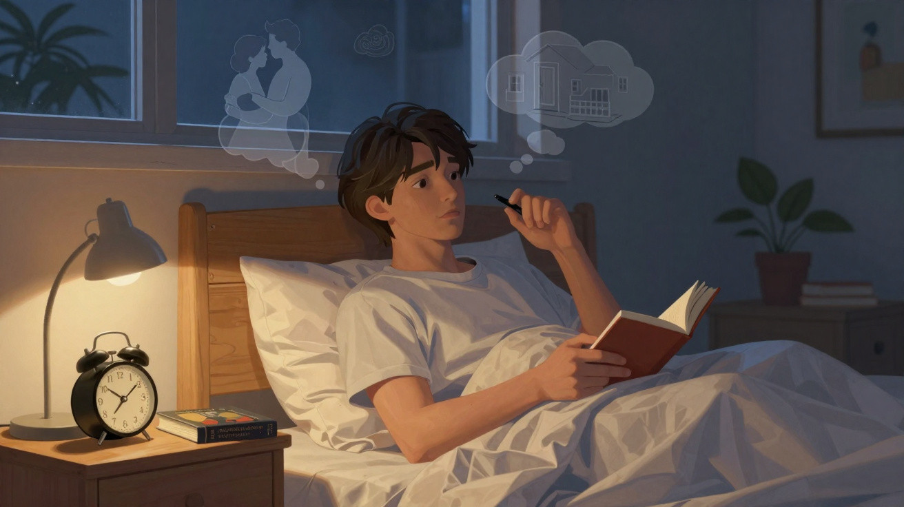 Jovem deitado na cama lendo livro, pensando em casa e casal, ambiente noturno com abajur ligado.