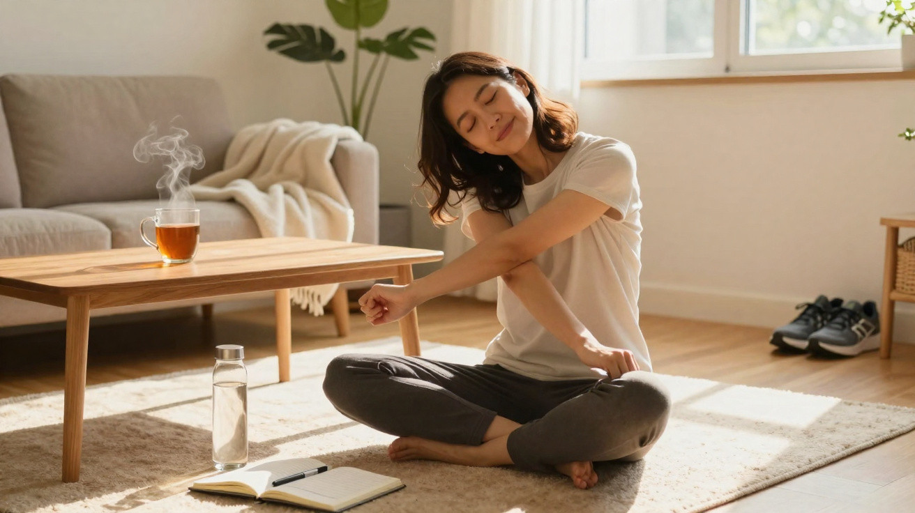 Mulher sentada no chão fazendo alongamento, perto de uma mesa com chá, garrafa de água e caderno.