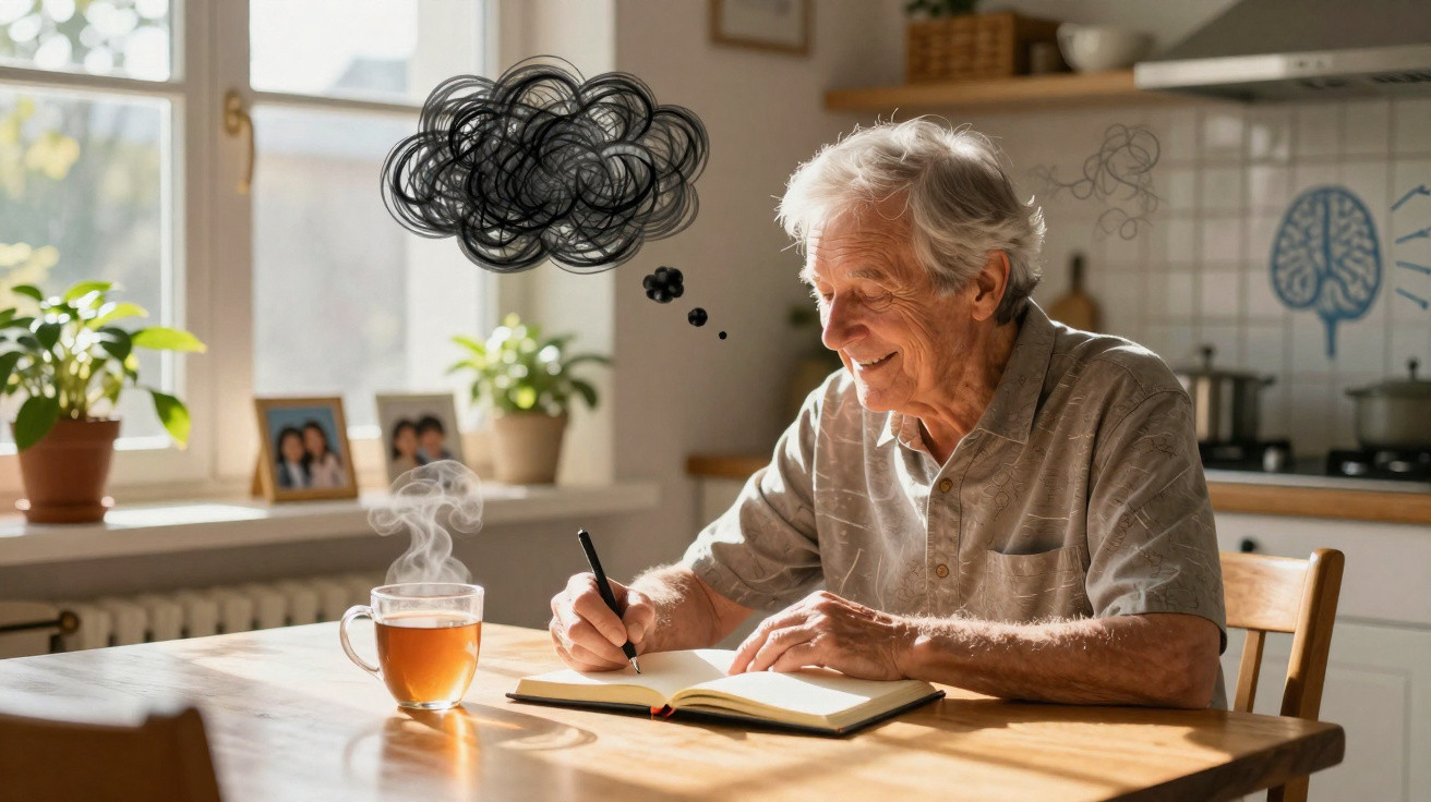 Idoso sorrindo escreve em caderno com xícara de chá e desenho de nuvem de pensamentos na cozinha.