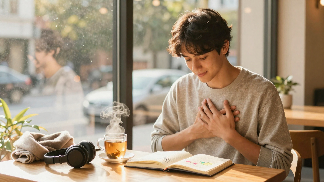 Jovem sentado em mesa com chá, livro aberto e fones, em ambiente claro e aconchegante próximo a janela.