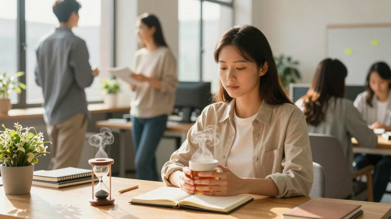 Mulher jovem segurando xícara de chá quente, sentada em mesa com caderno em escritório moderno.