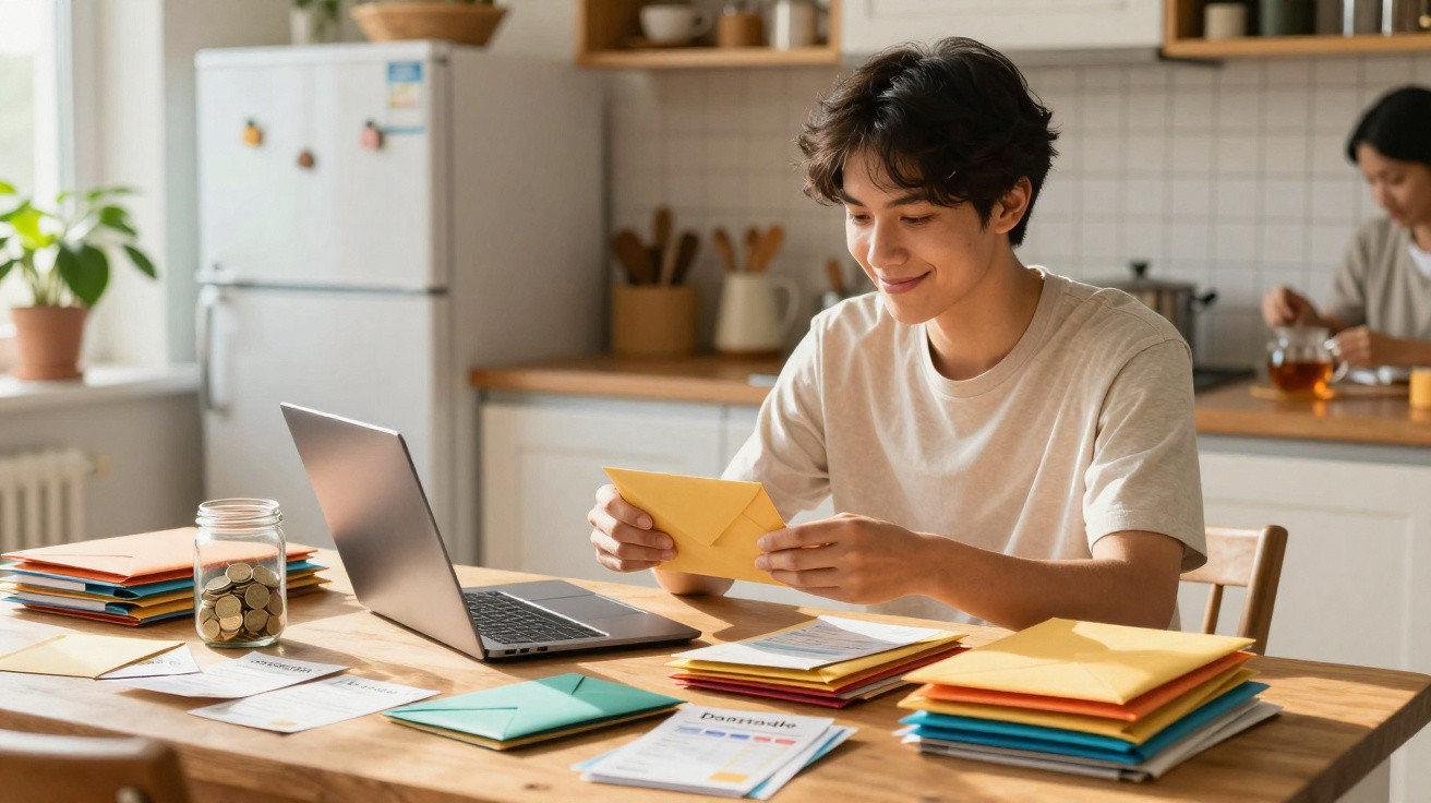 Jovem sorrindo ao abrir envelope sentado à mesa com laptop, papéis e envelopes coloridos em cozinha.