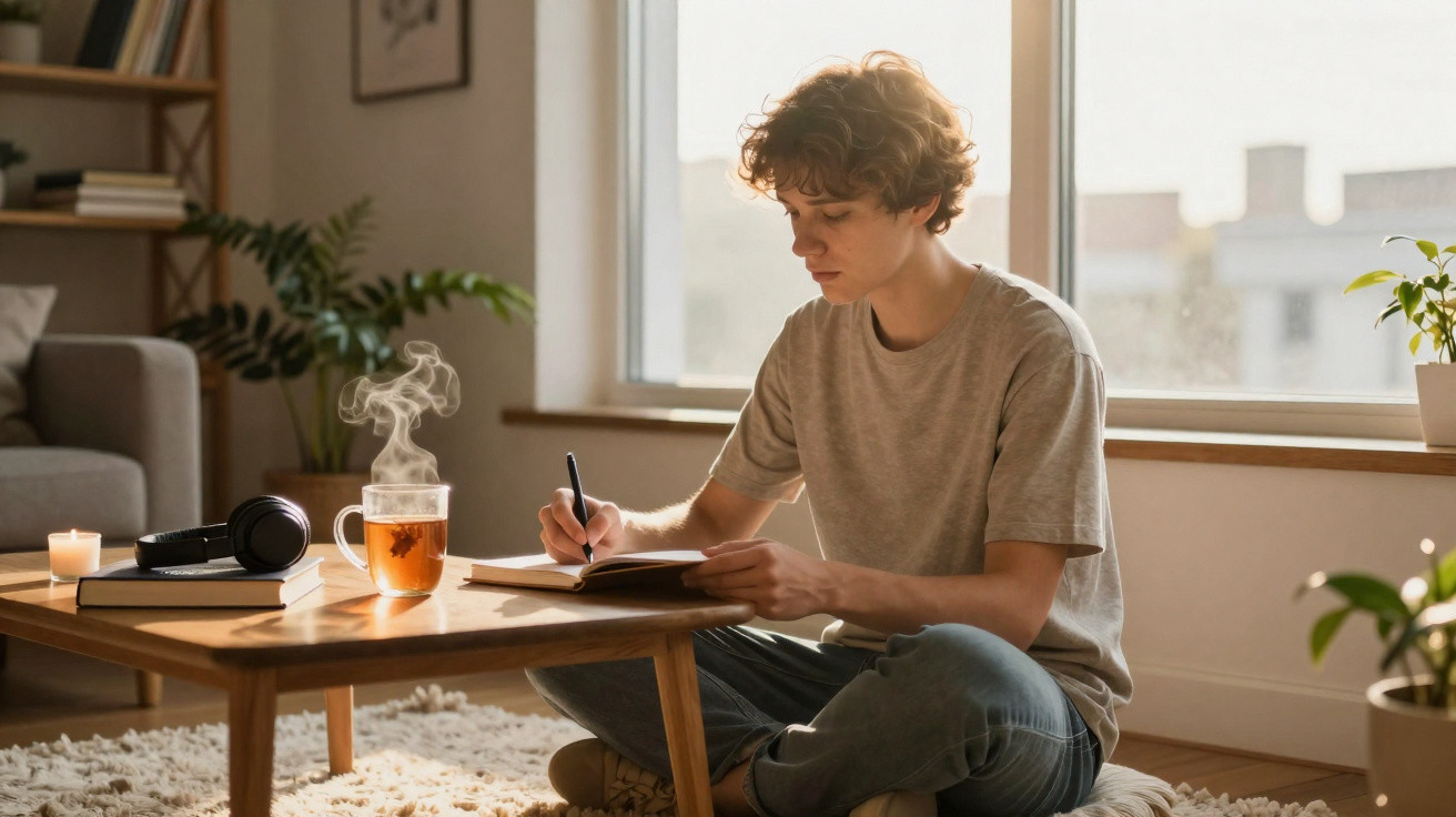 Jovem sentado no chão, escrevendo em caderno com chá quente em mesa de madeira à sua frente.