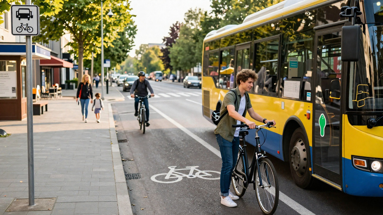 Jovem empurrando bicicleta ao lado de ônibus em ciclovia urbana com pessoas e árvores ao fundo.
