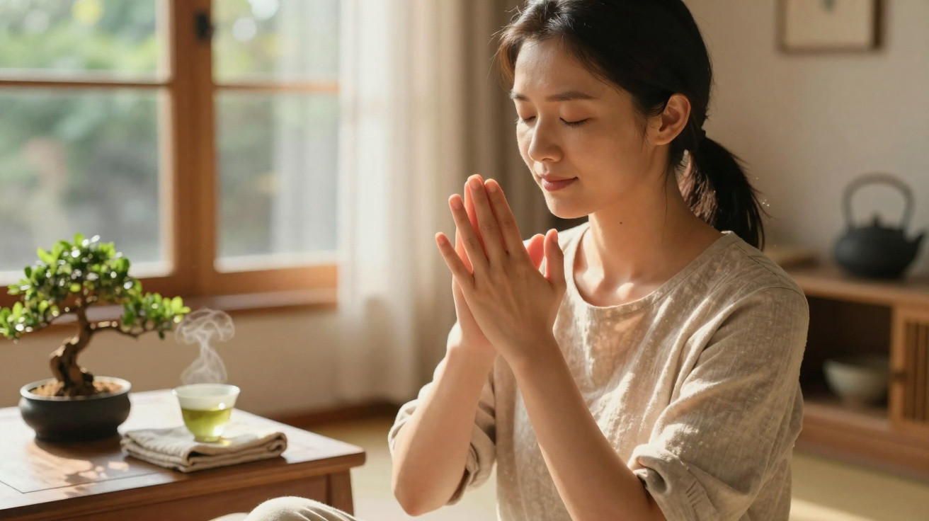 Mulher meditando com olhos fechados, mãos unidas, ao lado de uma mesa com chá quente e bonsai.