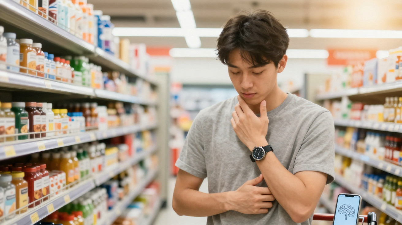 Jovem asiático pensa antes de escolher produtos em corredor de supermercado, com celular mostrando imagem de cérebro no carri