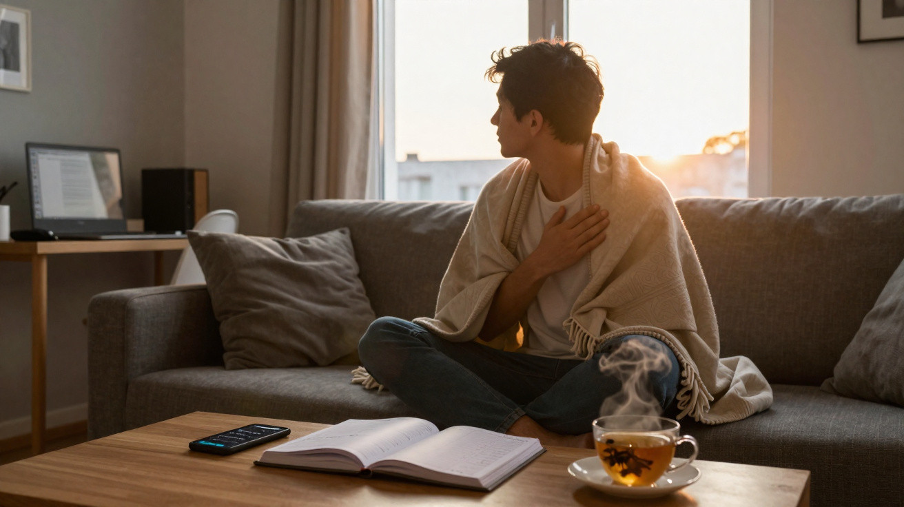 Jovem com cobertor sentado no sofá olhando pela janela ao pôr do sol, com livro e chá na mesa.