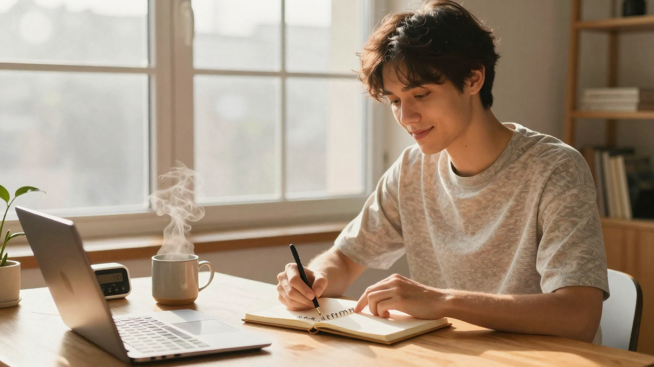 Jovem escrevendo em caderno à mesa com notebook, xícara fumegante e luz natural entrando pela janela.