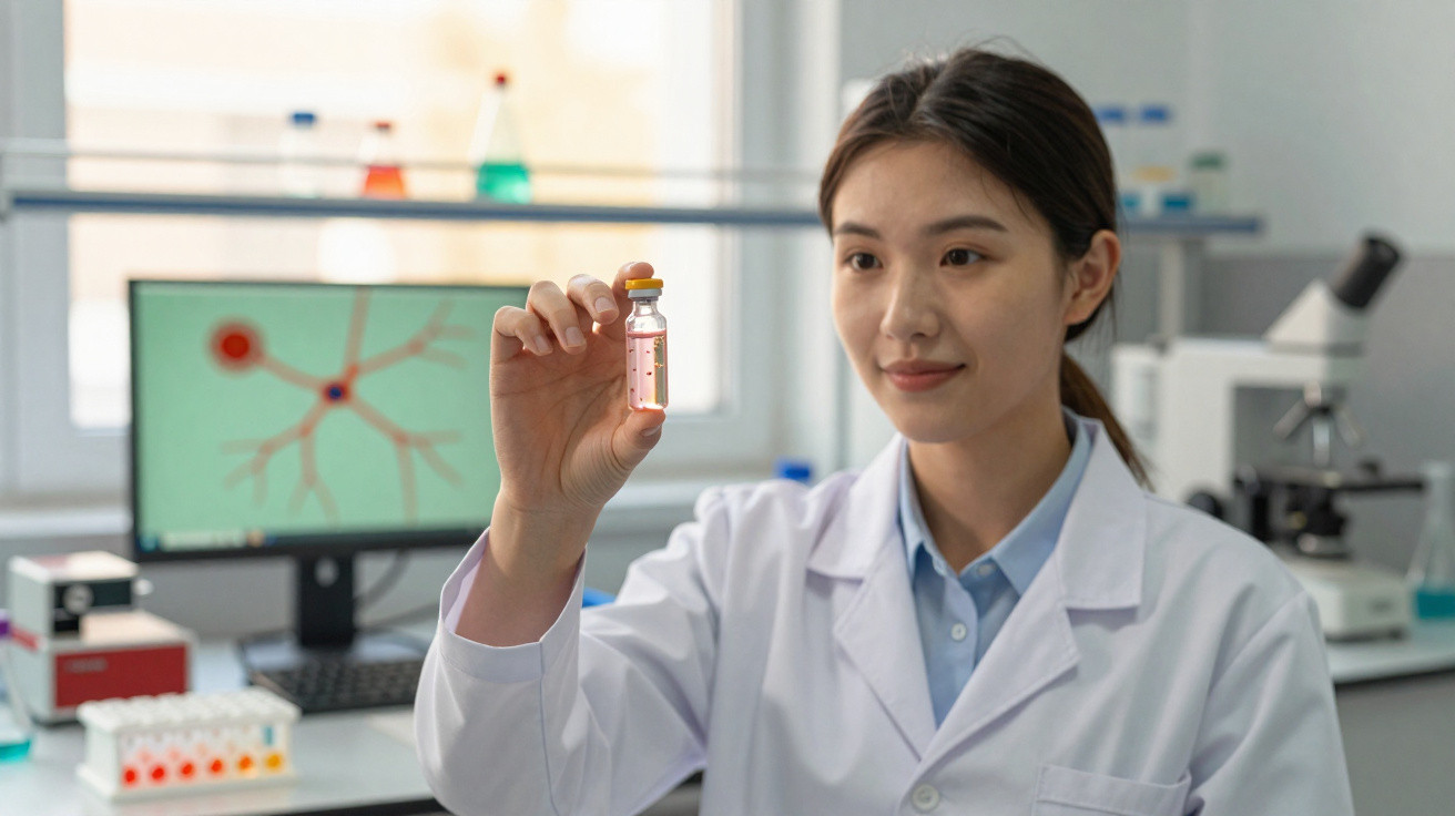 Pesquisadora em laboratório segurando frasco com líquido rosa, microscópio e tela com neurônio ao fundo.