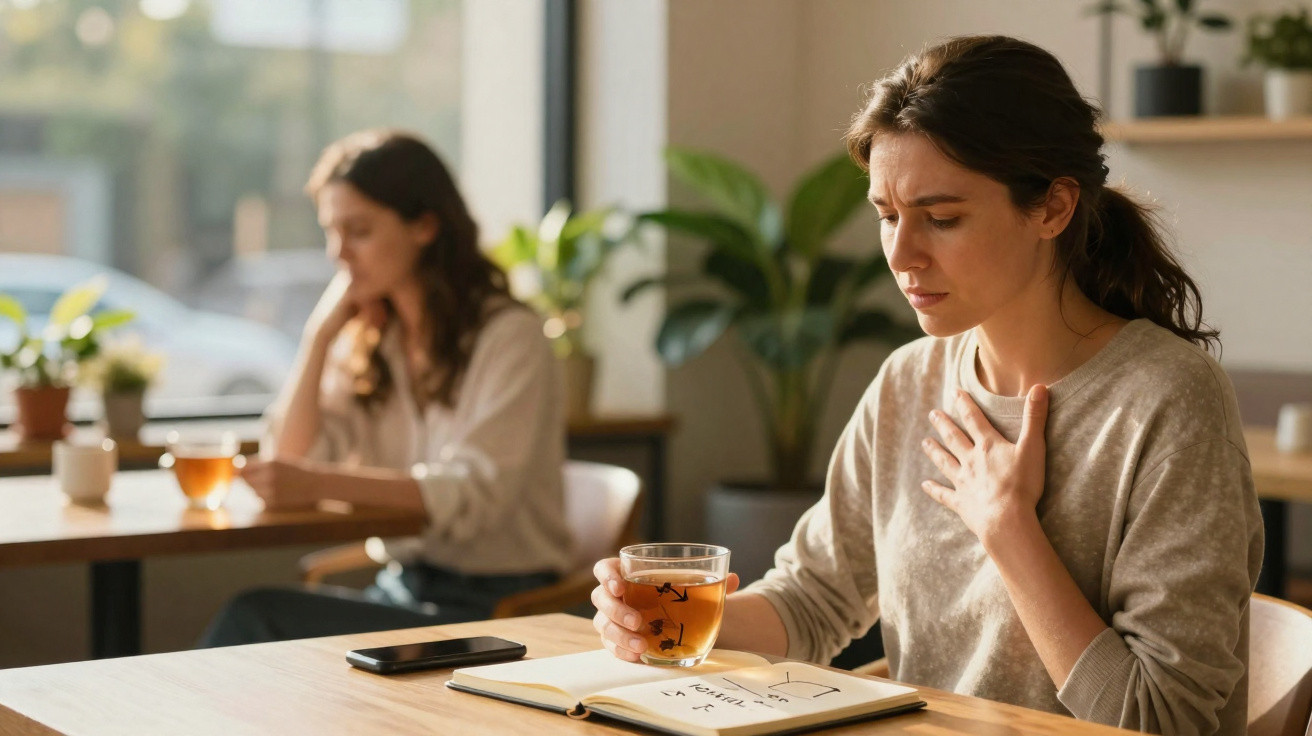 Mulher com expressão desconfortável segurando o peito e um copo de chá em uma cafeteria.