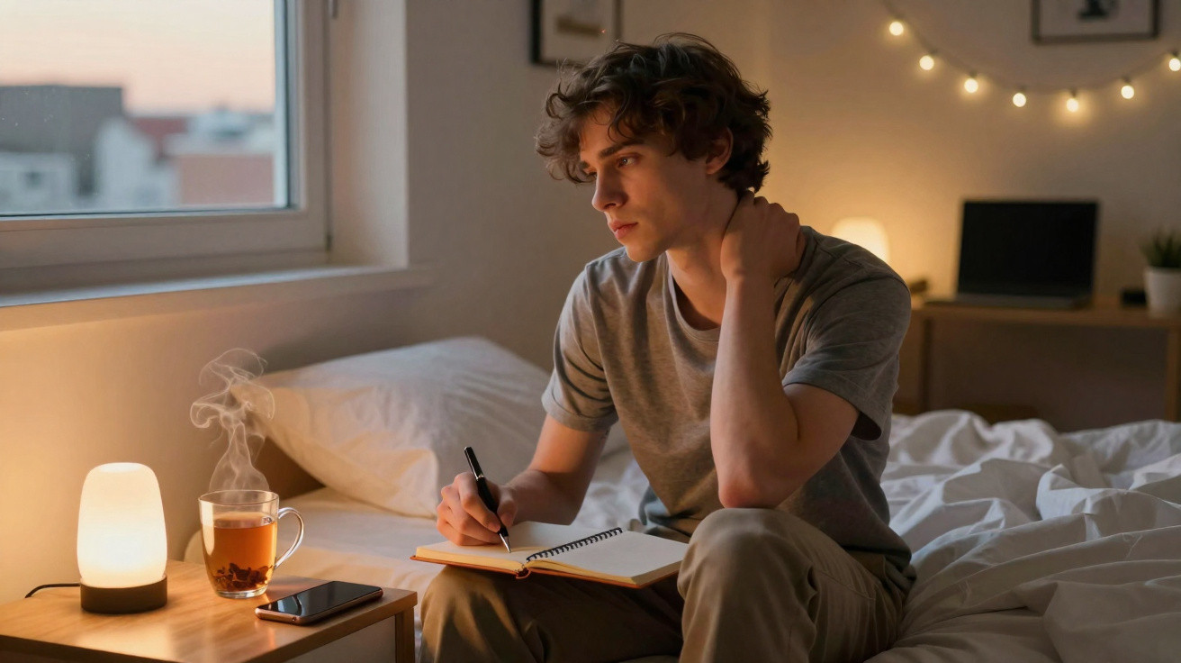 Jovem pensativo escrevendo em caderno na cama, com chá quente e luminária ao lado, ambiente aconchegante.