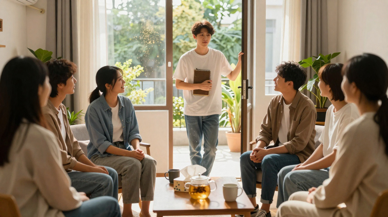 Jovem entrando em sala iluminada onde seis pessoas sentam em círculo, em ambiente de conversa informal.