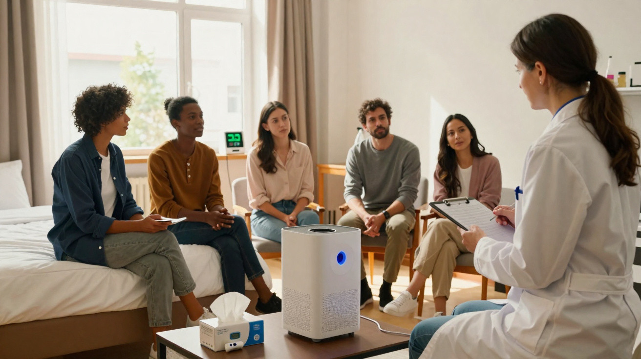 Grupo de pessoas sentadas em círculo em sala, com profissional de saúde conduzindo sessão em ambiente iluminado.