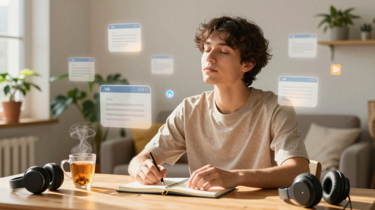 Jovem estudando com caderno, chá quente e fones, com janelas digitais flutuando ao redor em ambiente iluminado.
