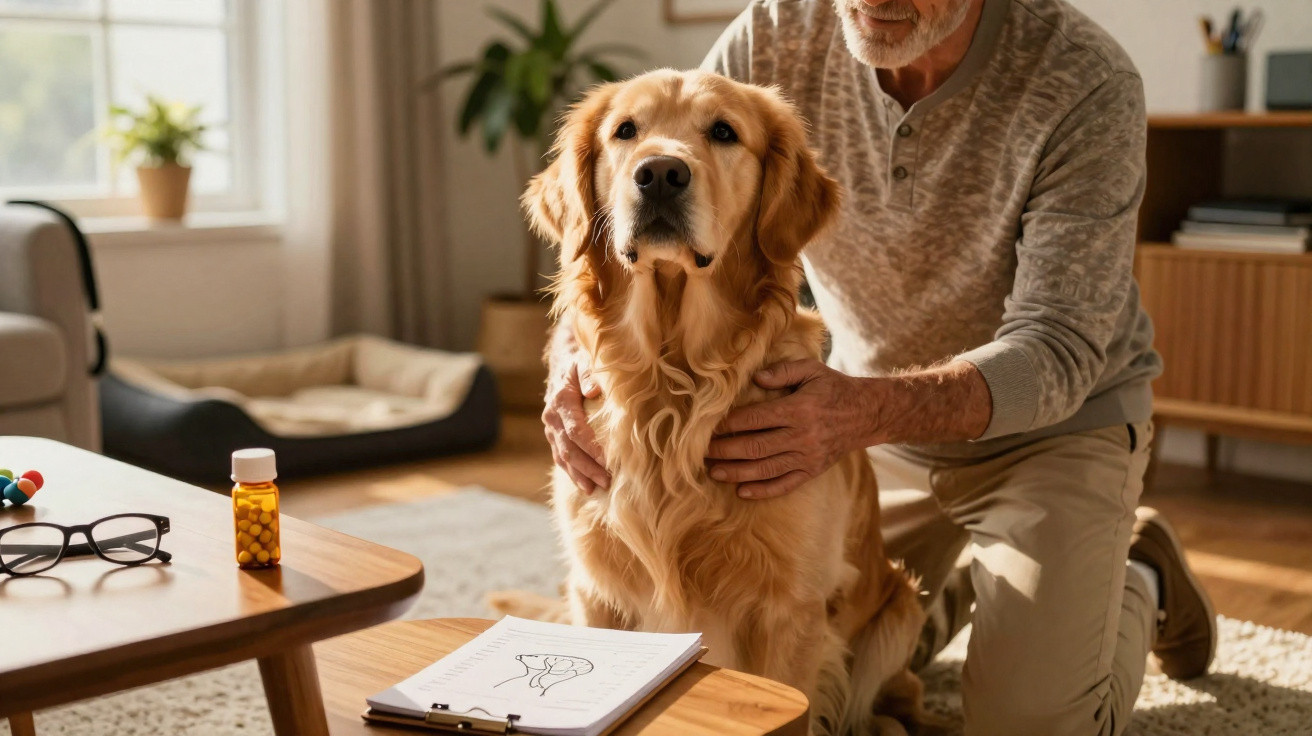 Homem idoso acaricia cão golden retriever em sala de estar iluminada e aconchegante.