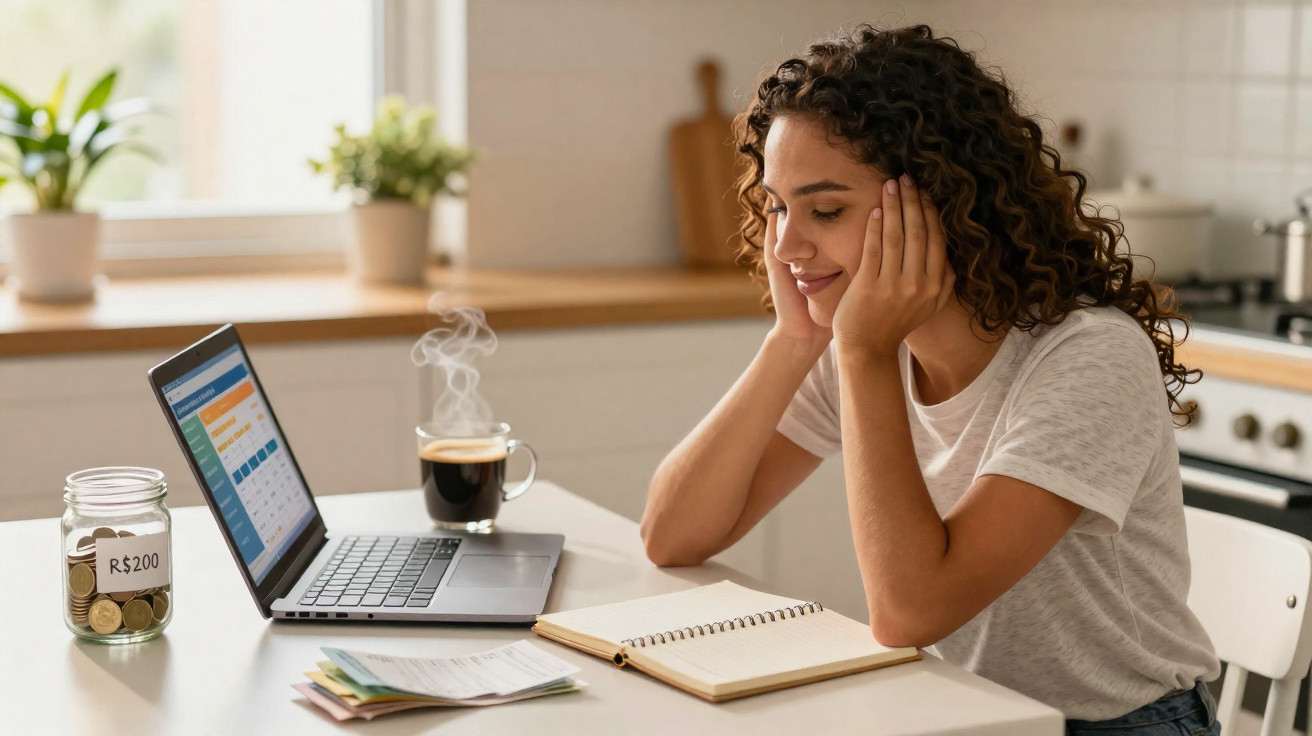 Mulher sorrindo enquanto verifica contas e planejamento financeiro com notebook e caderno na mesa da cozinha.