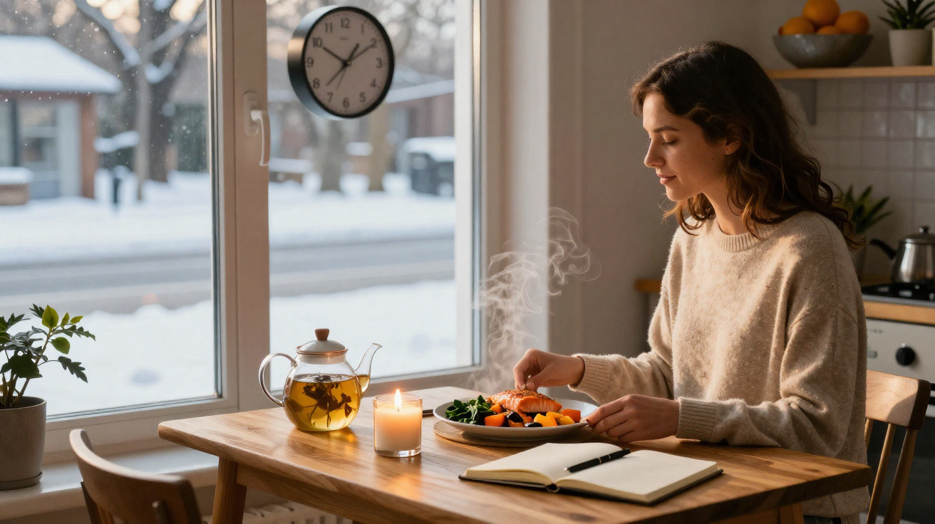 Mulher sentada à mesa perto da janela com chá, vela acesa e prato de comida quente em ambiente aconchegante.