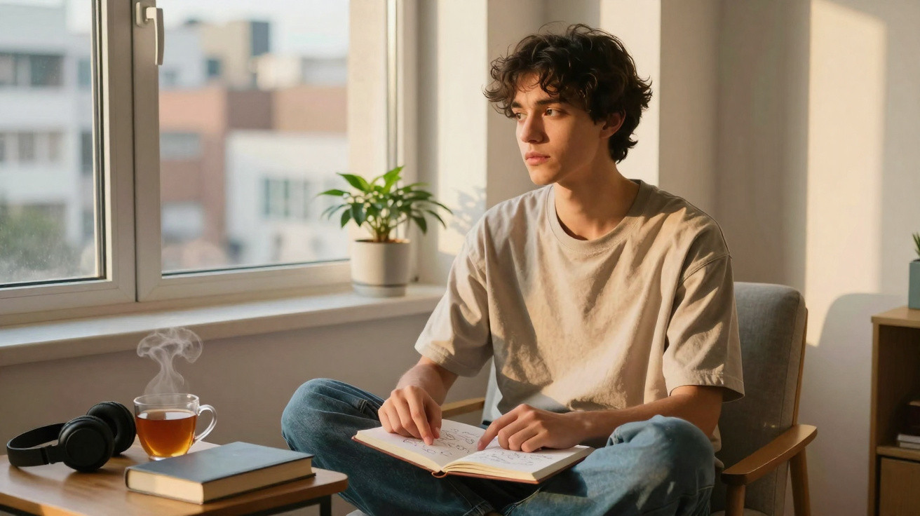 Jovem sentado de pernas cruzadas lendo livro próximo à janela com xícara de chá ao lado.