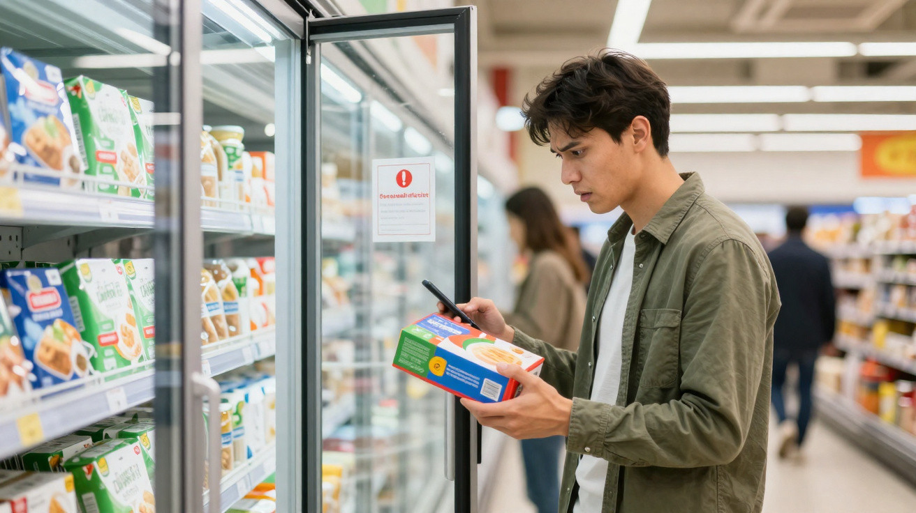 Jovem com camisa verde conferindo produto e usando celular em corredor de supermercado.