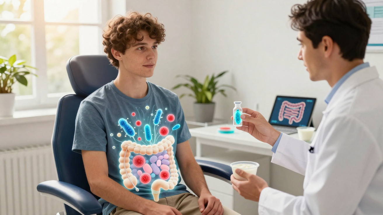 Paciente jovem consulta médico sobre saúde intestinal e equilíbrio da microbiota com imagens ilustrativas.