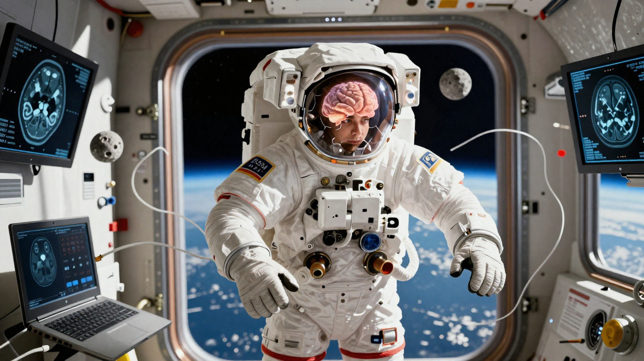 Astronauta em traje espacial dentro de estação, com cérebro visível no capacete e Terra ao fundo no espaço.