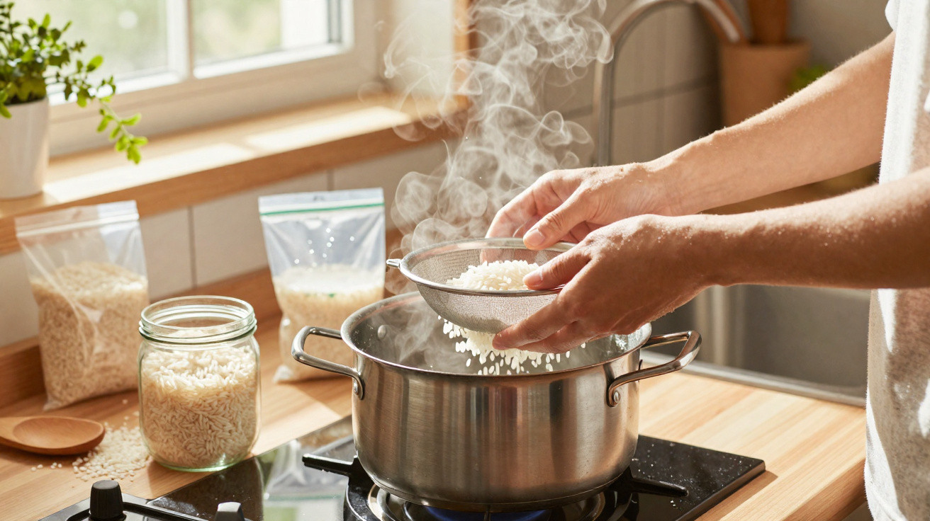 Mãos colocando arroz em peneira sobre panela com vapor em fogão na cozinha iluminada pela janela.