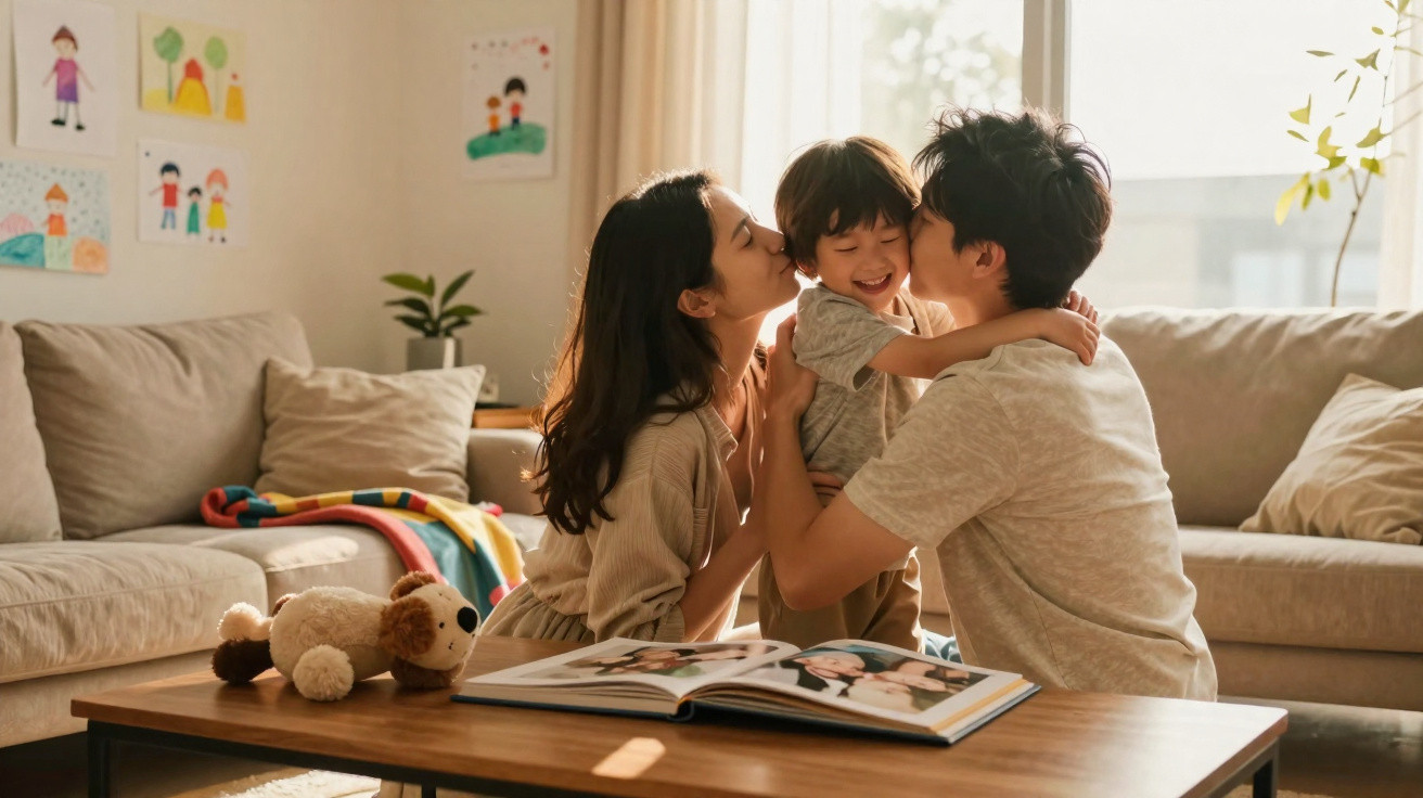 Família feliz com mãe e pai beijando filho pequeno, sentado na sala iluminada, perto de álbum de fotos.