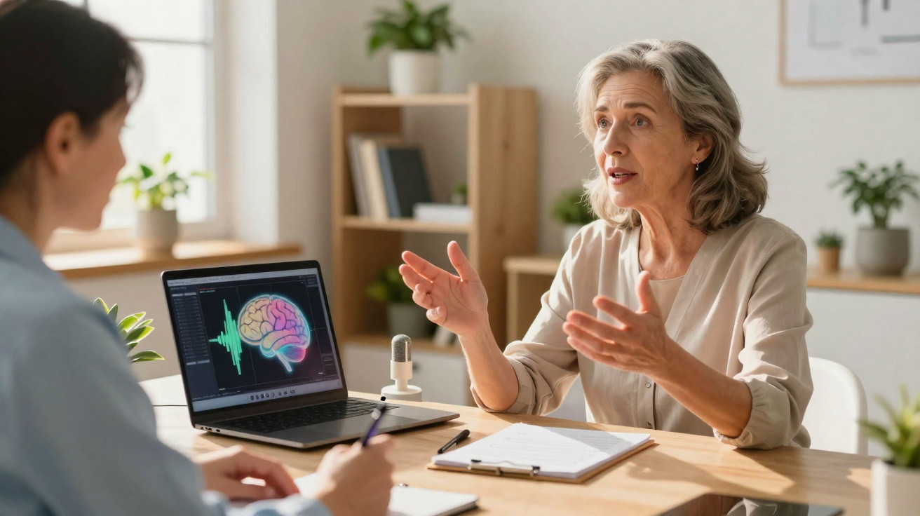 Mulher idosa conversa com profissional de saúde sobre saúde cerebral, com imagem de cérebro no laptop.