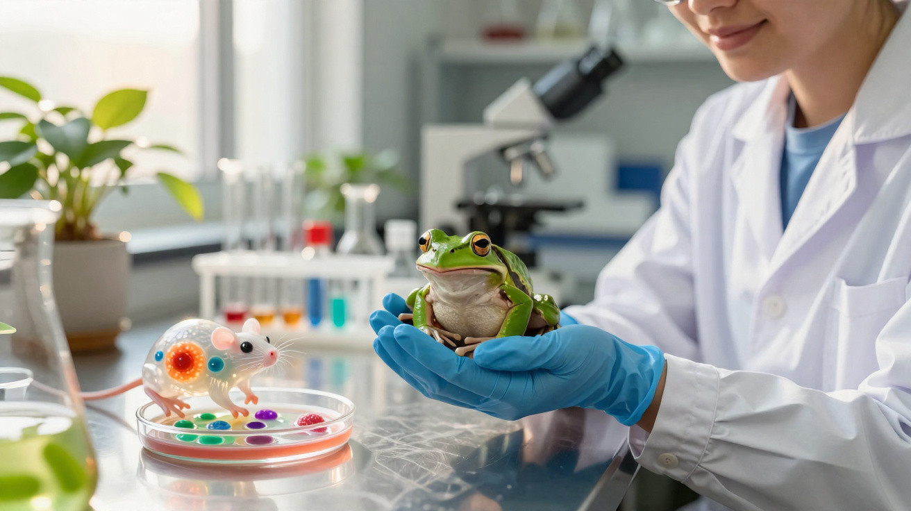 Cientista de jaleco branco segurando uma rã verde com luvas azuis em laboratório moderno.
