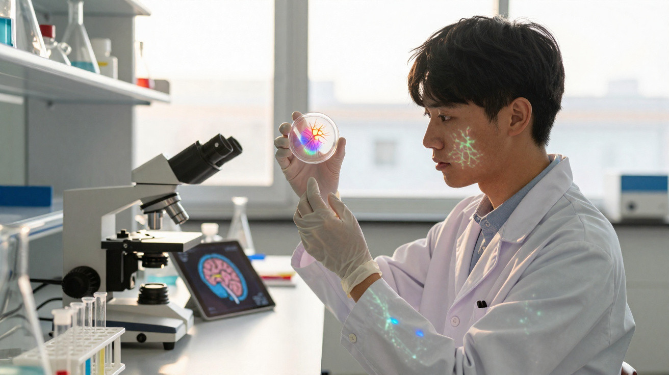 Cientista em laboratório examinando placa de petri com microrganismos coloridos ao lado de microscópio.