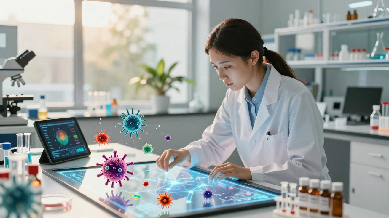 Cientista mulher analisando vírus em mesa touch screen digital no laboratório com equipamentos científicos.