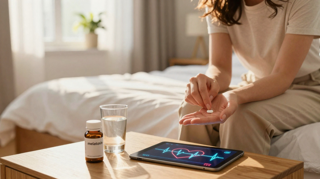 Pessoa sentada na cama segurando um comprimido, com melatonina, copo d'água e tablet com ECG na mesa.