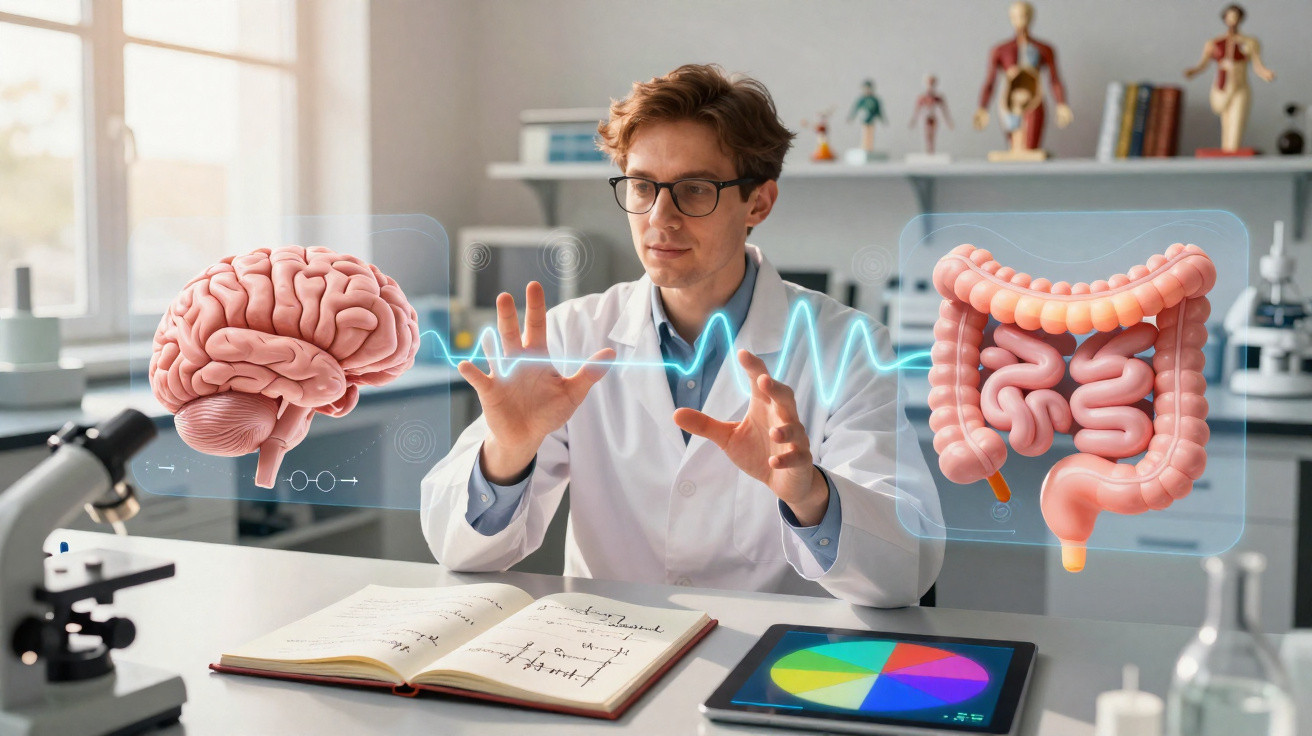 Cientista em laboratório interage com gráficos holográficos do cérebro e intestinos sobre mesa com livro e tablet.