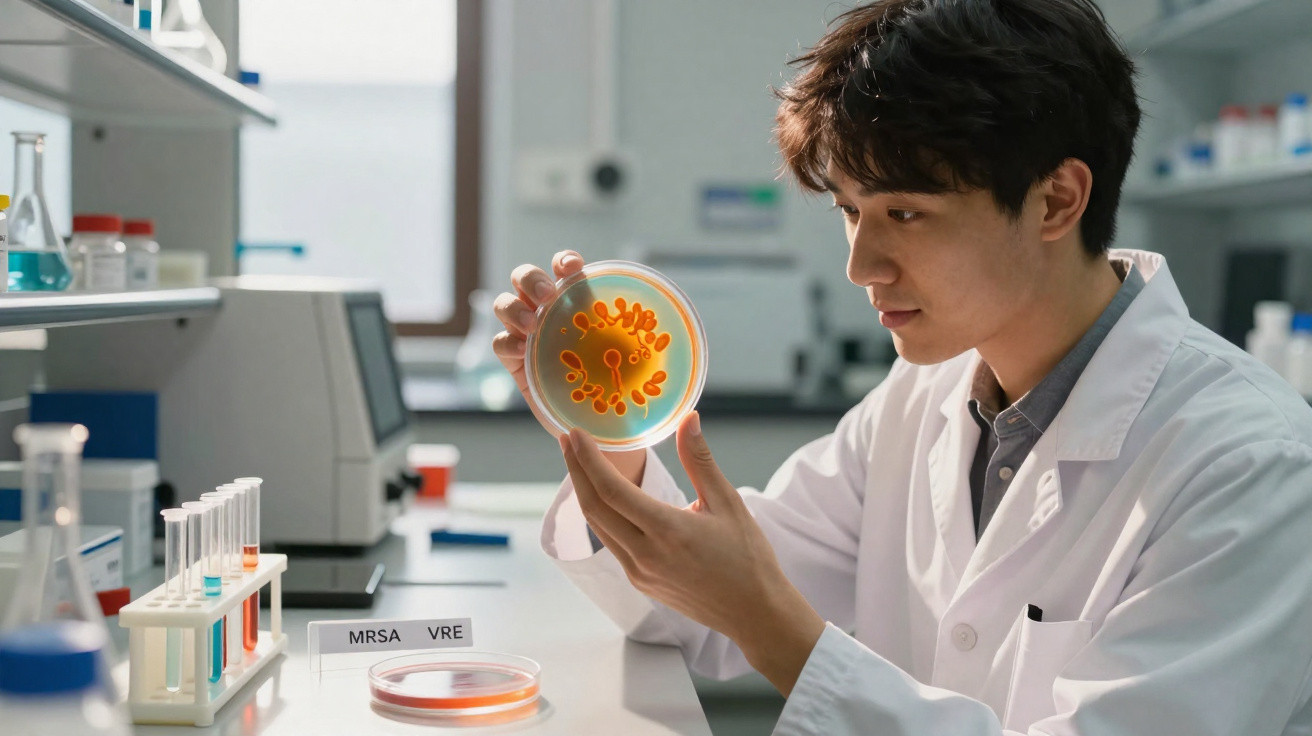 Cientista em laboratório analisando placa de petri com cultura bacteriana alaranjada.