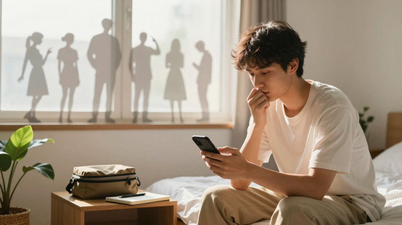 Jovem sentado na cama olhando para o celular, com sombras de pessoas na janela ao fundo.