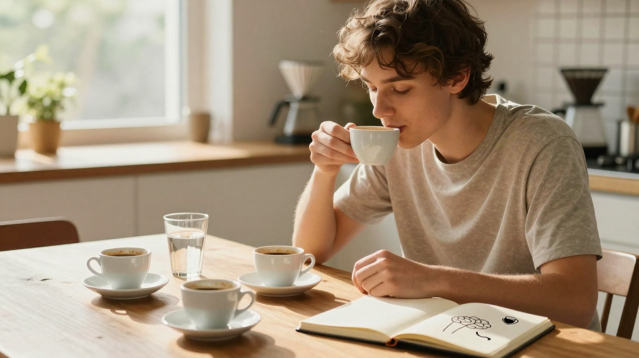 Jovem sentado à mesa tomando café, com três xícaras e um copo d'água, lendo um livro aberto.
