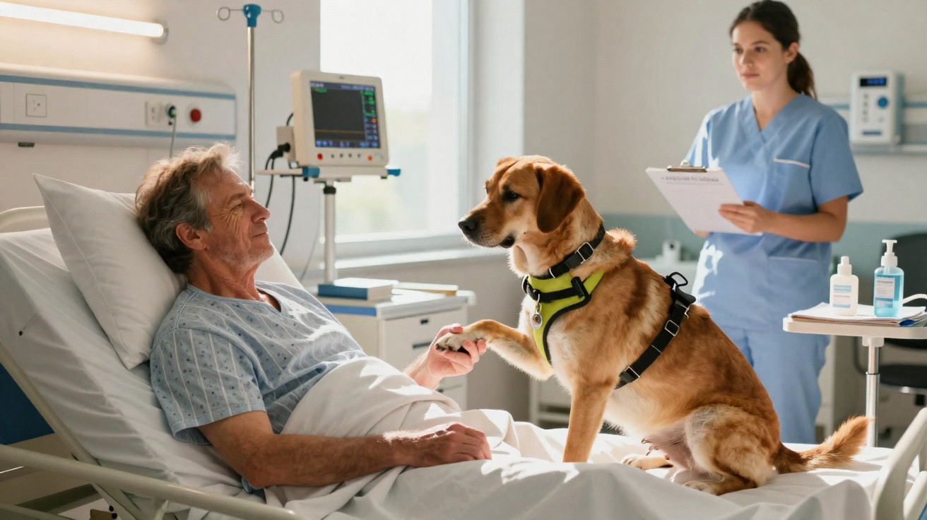 Homem idoso em cama de hospital segurando a pata de um cão de terapia, com enfermeira observando.