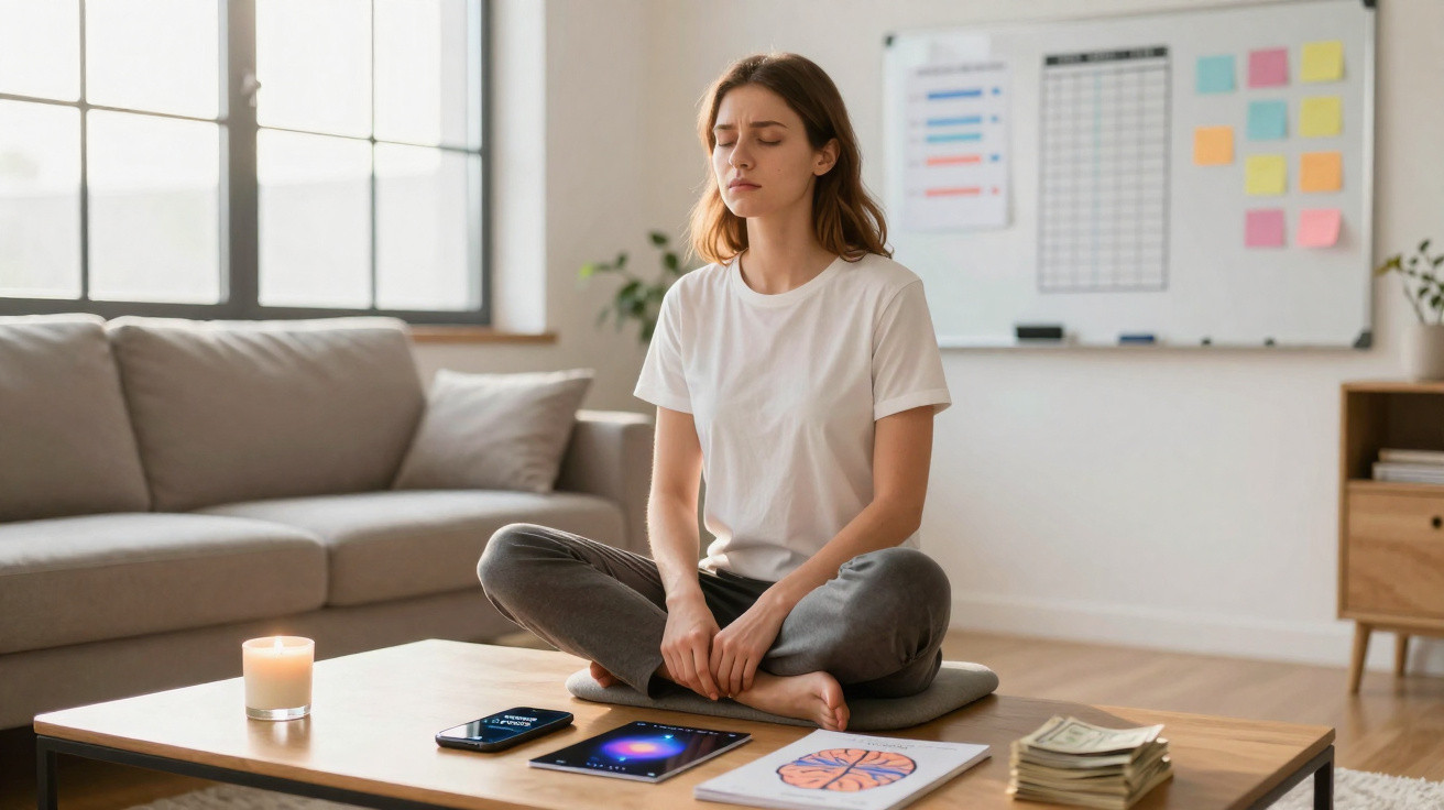 Mulher jovem meditando sentada em uma mesa de centro em uma sala clara com velas e dispositivos eletrônicos.
