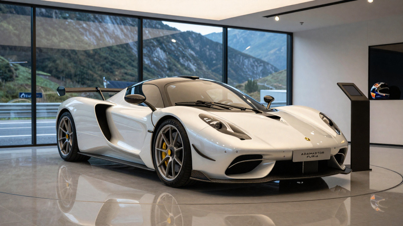 Carro esportivo branco Adamastor Furia em exposição dentro de showroom com paredes de vidro e vista para montanhas.