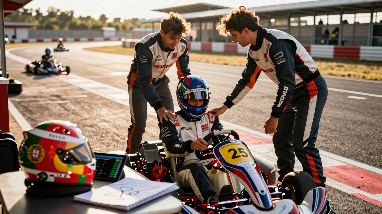 Piloto de kart número 25 é orientado por dois mecânicos na pista durante treino de kartismo.