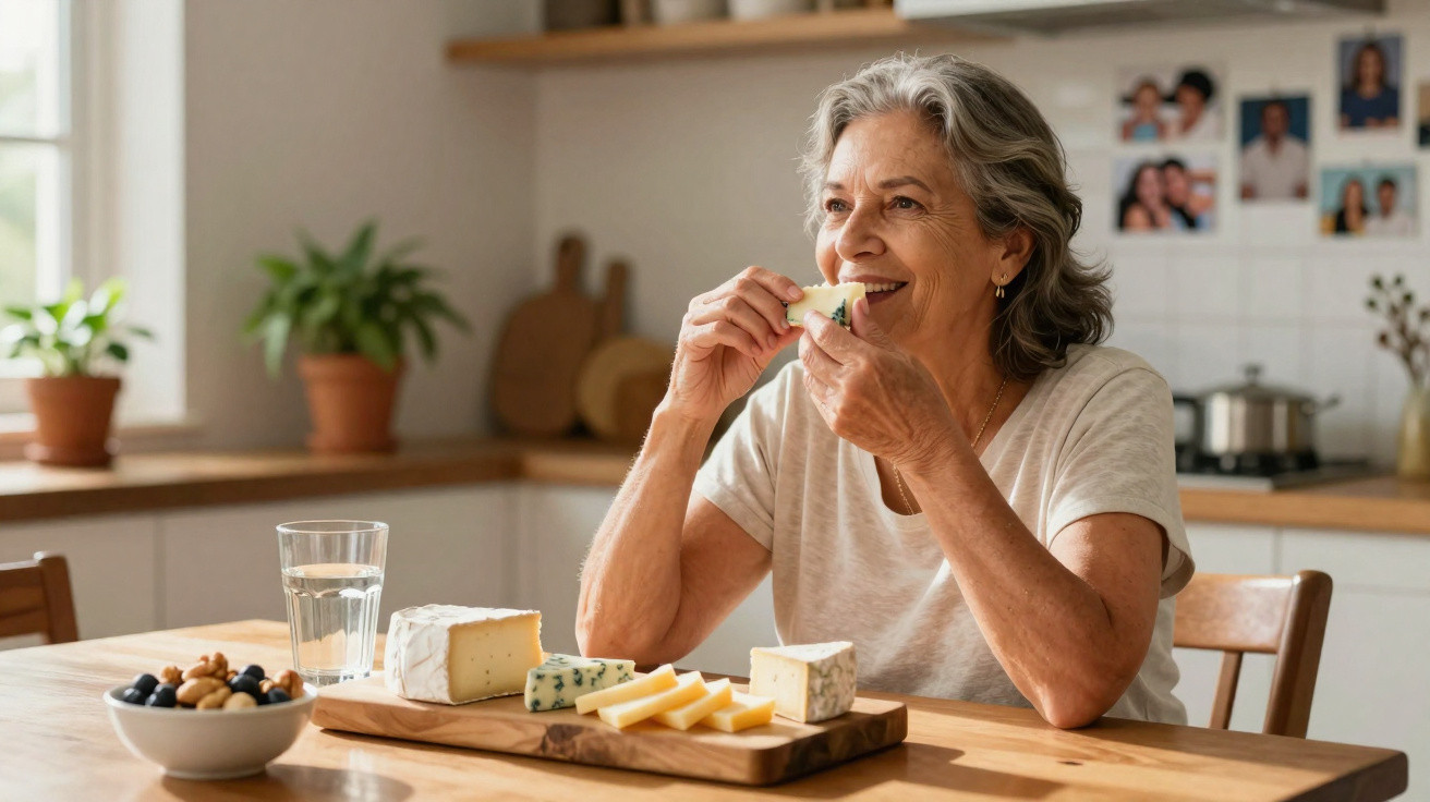 Mulher idosa sorrindo enquanto come queijo em cozinha com tábua de queijos e castanhas na mesa.