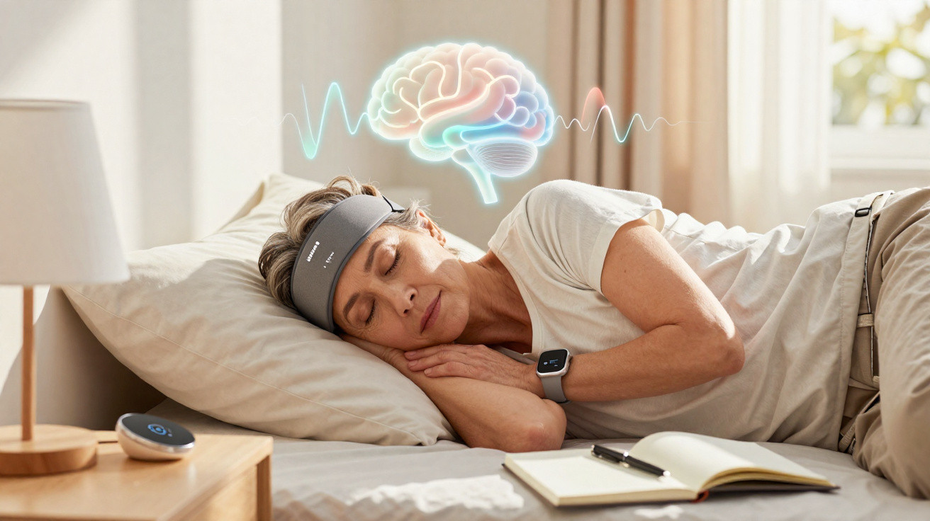 Mulher dormindo usando dispositivo na cabeça para monitorar atividade cerebral, com cérebro e ondas cerebrais digitais.
