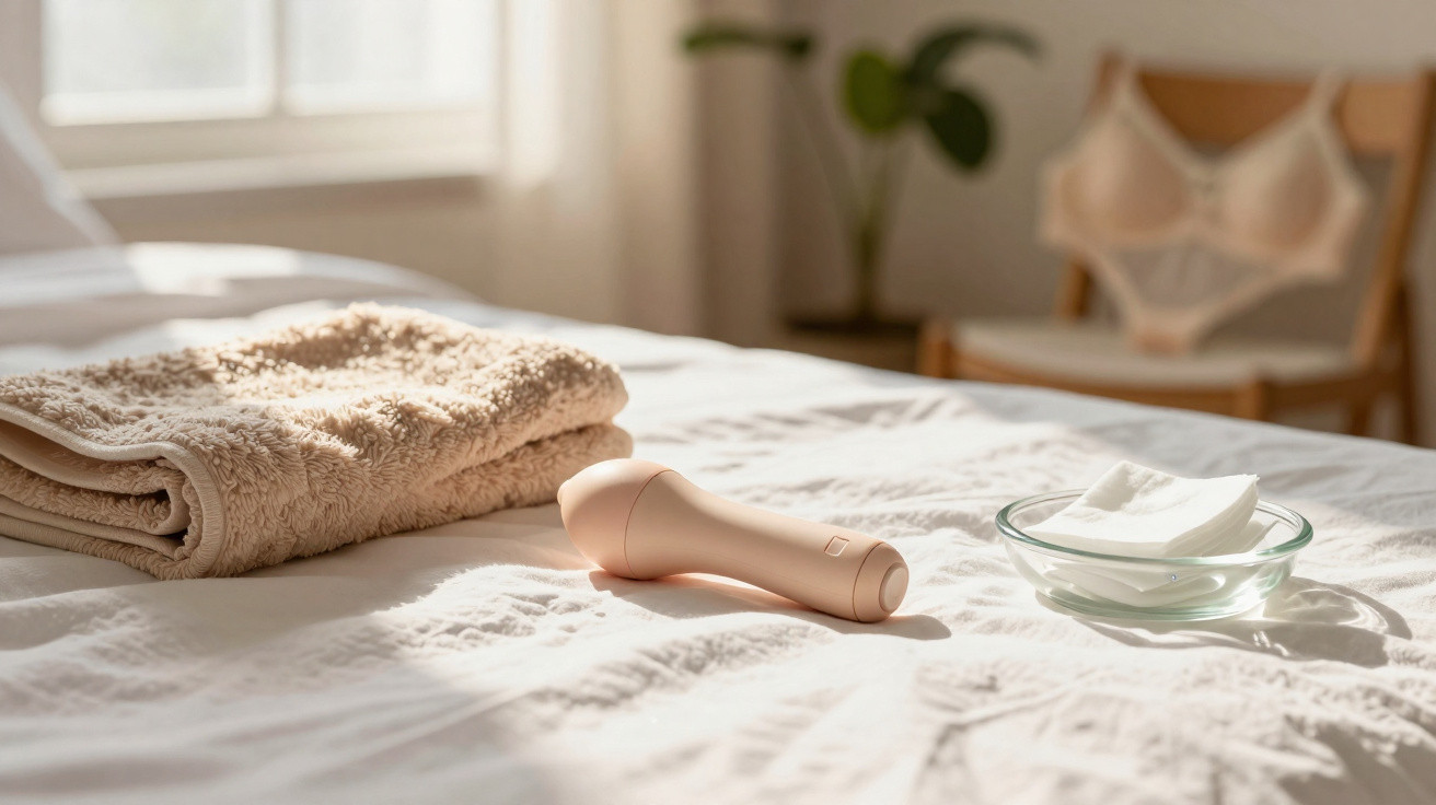 Acessórios de cuidados pessoais sobre cama branca com toalha marrom e cadeira ao fundo.