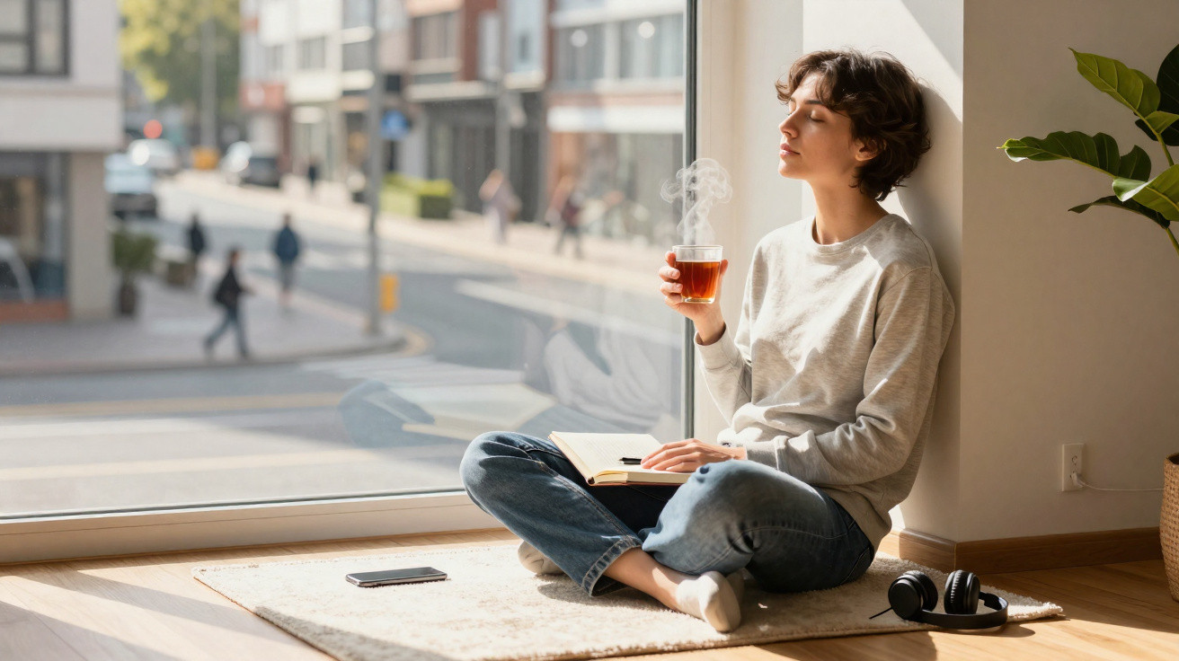 Pessoa jovem sentada no chão perto da janela, relaxando e tomando chá quente enquanto segura um livro aberto.
