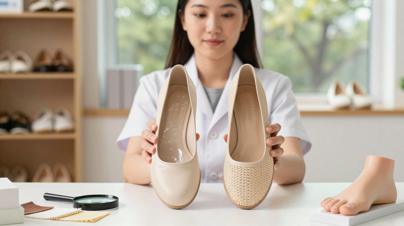 Mulher segura dois sapatos femininos bege para comparar, em mesa com lupa e manequim de pé.
