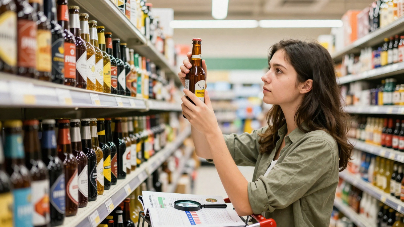 Mulher jovem analisa rótulo de garrafa de cerveja em corredor de supermercado.