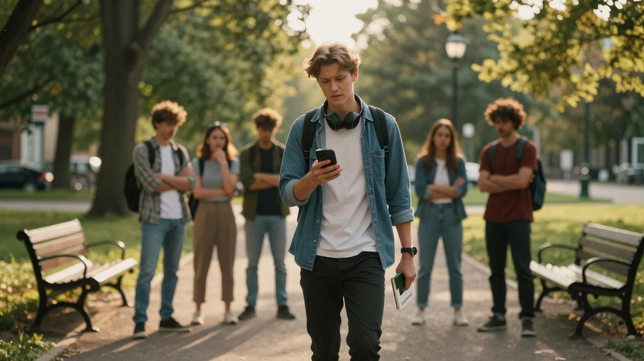 Jovem andando no parque olhando para o celular, com grupo de pessoas ao fundo observando.